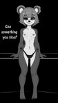 anthro bikini bikini_bottom black_background breasts clothed clothing dialogue female looking_at_viewer nipples simple_background smile smug solo swimwear talking_to_viewer text topless two-piece_swimsuit haaru nuwa_nightstone bear giant_panda mammal 2024 english_text hi_res monochrome