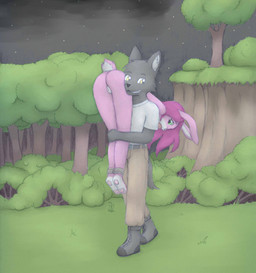 anthro bdsm belt black_nose bondage bottomwear bound butt captured clothed clothing detailed_background duo female footwear forest fur genitals grass green_eyes hair hunter imminent_rape imminent_sex interspecies long_ears male nature night nude outside pants pawpads pink_body pink_fur pink_hair pink_nose plant predator/prey shirt shoes short_tail star tail thin_calves thin_legs thin_thighs topwear tree vulva yellow_eyes young young_anthro animew canid canine canis lagomorph leporid mammal rabbit wolf absurd_res hi_res