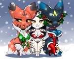 anthro bell big_breasts black_body black_fur blue_body blue_fur breasts chibi christmas_clothing cleavage clothed clothing crossed_arms female fur group holidays holly_(plant) huge_breasts markings outside plant red_body red_fur scarf snow snowing striped_body striped_fur stripes trio white_body white_fur furball bandai_namco christmas digimon mikomon taihoumon xie_ling canid canine digimon_(species) felid feline fox mammal pantherine tiger 2025 5:4