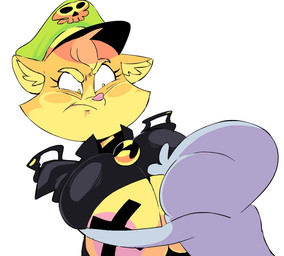 ambiguous_gender anthro areola big_breasts breasts clothed clothing duo female female/ambiguous female_focus fur hat headgear headwear hug huge_breasts kissing nipple_tape pasties shirt_up solo_focus tape yellow_body yellow_fur vimhomeless anon lilly_(vimhomeless) domestic_cat felid feline felis mammal 2019