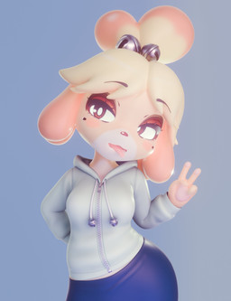 4_fingers anthro blonde_hair blue_background blue_bottomwear blue_clothing blue_hoodie blue_skirt blue_topwear blush blush_stickers bottomwear breasts brown_eyes brown_eyeshadow clothing female fingers front_view gesture hair hand_gesture handpads hood hood_down hoodie medium_breasts open_mouth pawpads pink_pawpads pupils shortstack simple_background skirt solo tied_hair tongue tongue_out topwear v_sign white_pupils wide_hips rosoero zy0n7_(modeler) animal_crossing nintendo isabelle_(animal_crossing) canid canine canis domestic_dog mammal shih_tzu toy_dog 2025 3d_(artwork) absurd_res digital_media_(artwork) hi_res