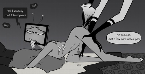 all_fours anal anal_penetration antenna_wire arched_back bodily_fluids cum dildo dildo_in_ass dildo_insertion drooling duo electronics erection for_a_head genital_fluids genitals hand_on_penis kneeling male male/male male_penetrated multi_arm multi_limb not_furry object_in_ass penetration penis pillow saliva screen screen_face sex_toy sex_toy_in_ass sex_toy_insertion speech_bubble teeth television text tongue tongue_out zombieyvalia hazbin_hotel hellaverse valentino_(hazbin_hotel) vox_(hazbin_hotel) demon demon_humanoid humanoid object_head screen_head tv_head black_and_white english_text hi_res monochrome