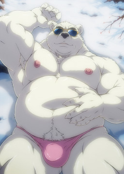 anthro clothing eyewear fur male musclegut muscular nipples pink_clothing pink_underwear pubes snow solo sunglasses underwear white_body white_fur funeral-paws ice_climber polar_bear_(ice_climber) bear mammal polar_bear ursine hi_res
