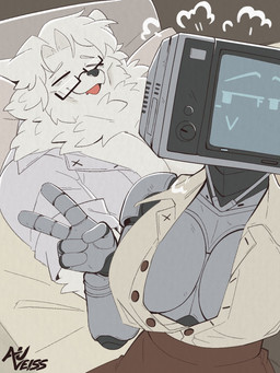 5_fingers anthro bed bench big_breasts biped breasts closed_smile clothing collared_shirt dress_shirt duo eyebrows eyewear female fingers for_a_head fur furniture gesture glasses hand_gesture husband_and_wife lying male married_couple mouth_closed on_back on_bed on_bench open_mouth open_smile pillow screen screen_face shirt sitting sitting_on_bench sleeping smile topwear v_sign white_body white_fur auveiss canid canine humanoid mammal object_head screen_head 2026 hi_res