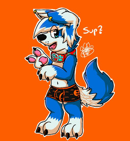 anthro biped black_nose blue_body blue_ears blue_eyes blue_fur blue_hair bulge claws clothed clothing collar dialogue digitigrade ear_piercing ear_ring fangs fur gesture hair hand_gesture looking_at_viewer male multicolored_body multicolored_ears multicolored_fur multicolored_hair orange_background partially_clothed pawpads piercing pink_pawpads ring_piercing simple_background solo teeth toe_claws two_tone_body two_tone_ears two_tone_fur two_tone_hair underwear v_sign white_body white_ears white_fur white_hair white_inner_ear gaokun gao_(gaokun) border_collie canid canine canis collie domestic_dog herding_dog hybrid mammal nordic_sled_dog pastoral_dog samoyed sheepdog spitz 2015