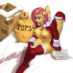 1:1 2015 anthro anthrofied areola big_breasts breasts christmas digital_media_(artwork) equid equine erect_nipples feathered_wings feathers female fluttershy_(mlp) friendship_is_magic hasbro holidays huge_breasts kevinsano mammal my_little_pony mythological_creature mythological_equine mythology nipples pegasus solo wings yellow_body yellow_feathers
