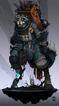 anthro armor backpack belt black_body black_fur blind_eye blue_body blue_fur bone clothing cybernetic_leg cybernetic_limb digitigrade ear_piercing ear_ring eye_scar eyewear eyewear_on_head facial_scar fluffy fluffy_tail fur gauntlets gloves goggles goggles_on_head grey_body grey_fur handwear imperium_of_man looking_at_viewer male multicolored_body multicolored_fur notched_ear orange_sclera piercing plasma_gun prosthetic prosthetic_leg prosthetic_limb ring_piercing scar skull skull_head solo tail wolfdawg warhammer_(franchise) warhammer_40000 abhuman mammal procyonid raccoon 2024 absurd_res hi_res