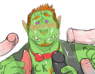 animal_genitalia animal_penis blush bodily_fluids body_writing bow_tie bukkake clothing cum cum_in_mouth cum_inside cum_on_face cum_string disembodied_penis dominant dominant_male equine_genitalia equine_penis erection facial_hair facial_piercing gender_symbol genital_fluids genitals goatee green_body green_skin group hair humanoid_genitalia humanoid_penis humanoid_pointy_ears humiliation hypnosis male male/male male/male_symbol male_symbol mind_control nose_piercing nose_ring not_furry orange_hair penis penis_in_face piercing pointy_ears ring_piercing sexuality_symbol simple_background slave solo_focus spiral spiral_eyes submissive submissive_male symbol topwear vest white_background writing_on_chest hyenaface humanoid orc