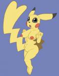 anthro anthrofied areola barefoot big_breasts big_tail biped black_eyes breasts chest_tuft cleft_tail erect_nipples eyelashes feet female front_view fur generation_1_pokemon genitals head_tuft hi_res long_tail looking_at_viewer mammal navel nintendo nipples nude open_mouth pikachu pokemon pokemon_(species) posexe pussy rodent simple_background slightly_chubby solo tail tongue tuft wide_hips yellow_body yellow_fur