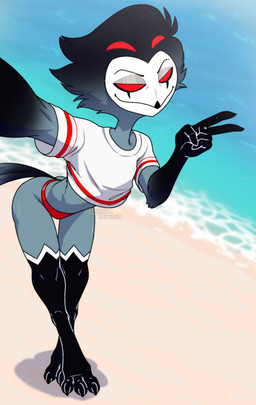 anthro barefoot beach butt clothing crop_top digitigrade feet male selfie shirt smug smug_face solo talons thong toes topwear underwear zimakum hellaverse helluva_boss stolas_(helluva_boss) avian bird demon owl absurd_res hi_res