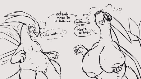 after_transformation big_breasts blush breasts female feral gender_transformation genitals huge_breasts mtf_transformation multi_nipple nipples semi-anthro small_breasts solo text transformation vulva nulloffset nintendo pokemon rayne_(nulloffset) flygon generation_3_pokemon pokemon_(species) english_text hi_res monochrome sketch