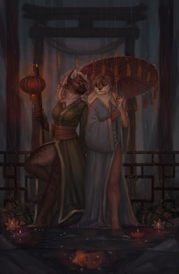 anthro asian_clothing blonde_hair candle claws clothing dark digitigrade duo east_asian_clothing female finger_claws fur hair holding_object inner_ear_fluff japanese_clothing kimono lamp lantern leaning long_hair neck_tuft outside partially_submerged plant raining standing toe_claws tuft umbrella white_hair raventenebris amenii_(code-shark) nera_(code-shark) aquatic fish hyena lagomorph leporid mammal rabbit spotted_hyena 2018 hi_res