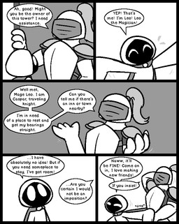 4_fingers anthro armor breastplate cape clothing dialogue duo fingers hand_on_head headgear helmet inside long_sleves male motion_lines onomatopoeia plume shirt shoulder_pads sound_effects speech_bubble text topwear ultilix caspar_(ultilix) leo_the_magician amphibian frog shadow_creature 2025 comic english_text greyscale monochrome multiple_scenes