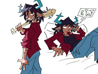 4_fingers anthro antlers baseball_bat bat_(object) black_clothing black_hair black_shirt black_topwear blue_bottomwear blue_clothing blue_horn blue_jeans blue_pants bottomwear brown_body brown_fur cellphone clothed clothed_anthro clothed_female clothing cross denim denim_bottomwear denim_clothing ear_piercing electronics eyes_closed female fingers freckled_face freckles front_view fully_clothed fully_clothed_anthro fully_clothed_female fur grin hair holding_object holding_phone horn jeans jewelry lying nailed_bat on_back open_clothing open_topwear pants pattern_clothing pattern_shirt pattern_topwear phone phone_call piercing plaid plaid_clothing plaid_shirt plaid_topwear shirt simple_background smile solo tomboy topwear white_background dillmen101 deltarune undertale undertale_(series) asriel_dreemurr dess_holiday deer mammal new_world_deer reindeer 2025 4:3 multiple_images