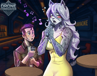 abs anthro bar biceps big_breasts blush breasts clothing dress duo electronics fangs female fur furniture hair jacket karaoke larger_female logo male markings microphone muscular muscular_female singing size_difference spots spotted_body spotted_fur table tail teeth text topwear white_hair yellow_clothing yellow_dress murchie drone_commander gia_(drone_commander) straker_(drone_commander) felid feline human mammal pantherine sekarri snow_leopard english_text hi_res