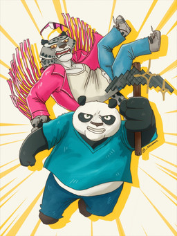 anthro bottomwear clothed clothing cosplay crossover_cosplay duo eyewear falling fingers footwear fur holding_object holding_pickaxe jacket looking_at_viewer male markings open_clothing open_jacket open_mouth open_topwear overweight overweight_anthro overweight_male pants pickaxe shirt shoes smile spots sunglasses tail topwear voice_actor_joke zzommie a_minecraft_movie dreamworks kung_fu_panda microsoft minecraft mojang warner_brothers xbox_game_studios garrett_garrison master_po_ping steve_(minecraft) tai_lung_(kung_fu_panda) bear felid giant_panda mammal pantherine snow_leopard 3:4 crossover digital_media_(artwork) hi_res