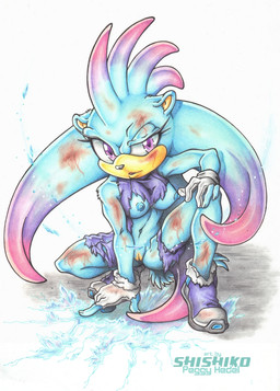 anthro areola black_nose blood blue_areola blue_body blue_fur blue_nipples bodily_fluids breasts bruised bruised_arm bruised_face bruised_leg bruised_legs claws clothing countershade_face countershading exposed_breasts eyelashes female finger_claws fluffy fluffy_tail footwear frog_pose fur genitals glistening glistening_nose gloves handwear head_spikes ice leotard logo multicolored_body navel nipples purple_clothing purple_eyes socks solo spikes spikes_(anatomy) spread_legs spreading tail torn_clothing torn_footwear torn_gloves torn_handwear torn_socks vulva pichu-chan sega sonic_the_hedgehog_(series) aurora_(pichu-chan) fan_character mammal porcupine rodent traditional_media_(artwork)