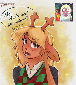 anthro antlers blonde_hair blush clothed clothing female freckles hair horn solo text twaykoncita deltarune raid_(brand) undertale_(series) victor_van_dort_spraying_raid_and_screaming noelle_holiday deer mammal new_world_deer reindeer absurd_res hi_res