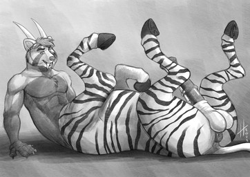 animal_genitalia animal_penis anus athletic athletic_male athletic_taur balls big_fangs chest_tuft equine_anus equine_genitalia equine_penis eyewear eyewear_on_head fangs genitals goggles goggles_on_head hair hooves horn looking_at_viewer lying male male_taur medial_ring on_back open_mouth pecs penis presenting presenting_anus presenting_balls presenting_penis quadruped short_hair side_view simple_background solo striped_back striped_legs tail teeth tuft hufnaar ailurid equid equine hybrid mammal red_panda taur zebra 2022 absurd_res dated hi_res monochrome