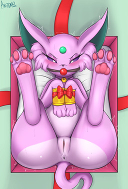 anus ball_gag bdsm bondage bound butt feet female feral foot_focus forked_tail fur gag genitals gift jewelry looking_at_viewer pawpads paws presenting restraints soles solo spread_legs spreading tail toes unusual_anatomy unusual_tail vulva an-tonio nintendo pokemon silvia_(an-tonio) eeveelution espeon generation_2_pokemon pokemon_(species) absurd_res digital_media_(artwork) hi_res