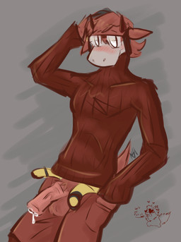 animal_genitalia animal_penis anthro bedroom_eyes belt blush blush_lines bodily_fluids bottomwear clothed clothing dripping erection eyewear genital_fluids genitals glasses male narrowed_eyes open_belt open_bottomwear open_clothing open_pants pants penis pose precum precum_drip red_body seductive smile smirk solo_focus sweater topwear turtleneck spicymustelid nintendo pokemon team_magma maxie_(pokemon) camerupt generation_3_pokemon pokemon_(species) absurd_res hi_res