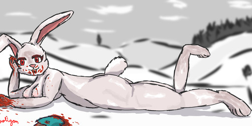 anthro areola barely_visible_nipples blood blood_on_face blood_on_hand bodily_fluids dismembered female fur gore gouged_out_eye looking_at_viewer lying nipples red_eyes smile smiling_at_viewer solo white_body white_fur maskedhooligan microsoft minecraft mojang xbox_game_studios steve_(minecraft) the_killer_rabbit human lagomorph leporid mammal rabbit rabbit_(minecraft)