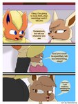 3:4 absurd_res anthro big_breasts black_nose breasts brown_body brown_eyes brown_fur butt canid canine clothed clothing comic dialogue digital_drawing_(artwork) digital_media_(artwork) duo eevee eeveelution elizabeth_venizee english_text female flamberry_(artist) flareon franklin_flare fur generation_1_pokemon hair hi_res ibispaint_(artwork) looking_at_butt male mammal nintendo open_mouth pokemon pokemon_(species) simple_background smile spying tail text