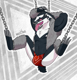 3_toes 5_fingers ankles_tied anthro areola arm_tuft armpit_hair arms_tied bdsm big_bulge biped black_body black_ears black_fur black_mane black_markings black_nose black_tail body_hair bondage bound bulge chain chained cheek_tuft chest_tuft claws clothed clothing collarbone cuff_(restraint) dipstick_ears ear_markings exposed facial_piercing facial_tuft feet fingers fully_bound fur fur_tuft grey_background grey_body grey_claws grey_fur hand_behind_head happy_trail iron_cuffs leg_tuft light long_claws long_tongue looking_aside looking_away male mane markings metal_cuffs multicolored_body multicolored_ears multicolored_fur navel no_sclera nose_piercing nose_ring open_mouth open_smile pecs piercing pink_eyes pink_tongue pseudo_clothing pubes raised_arm red_clothing red_underwear restraints ring_piercing septum_piercing shadow sharp_teeth simple_background smile snout soles solo spread_legs spreading suspension tail teeth toe_claws toes tongue tongue_out topless tuft two_tone_body two_tone_ears two_tone_fur underwear white_areola white_body white_ears white_fur druidogger nintendo pokemon generation_8_pokemon mammal mustelid obstagoon pokemon_(species) 2019 digital_drawing_(artwork) digital_media_(artwork) full-length_portrait grey_theme hi_res lighting portrait