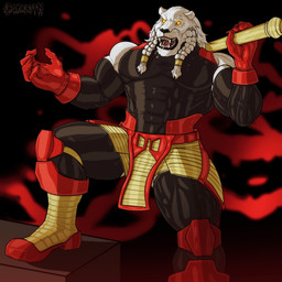 abs anthro arm_warmers armor armwear barazoku biceps big_muscles big_pecs black_clothing black_lips black_nose black_sclera bodysuit braided_hair claws clothing dreadlocks elbow_gloves gloves gold_(metal) gold_armor gold_jewelry greeting hair handwear holding_object holding_weapon inside jewelry lips mace male melee_weapon muscular muscular_anthro muscular_male muscular_thighs pecs red_clothing red_eyes sash skinsuit skintight_suit solo suit text thick_thighs tight_clothing triceps weapon whiskers white_body grungotharts image_comics invincible_(image_comics) thokk_(invincible) alien felid feline lion mammal pantherine 1:1 hi_res