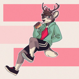 anthro beverage bottomwear bubble_tea clothing footwear hoodie male shoes shorts solo topwear merlinmakes cake_(pointeightcake) deer mammal new_world_deer reindeer 1:1 hi_res