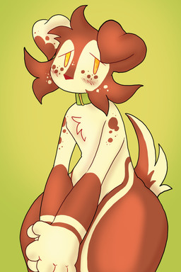 ambiguous_gender anthro blush cheek_tuft chest_tuft collar facial_tuft floppy_ears fur looking_aside mouthless orange_body orange_fur paws red_nose simple_background solo spots tail tan_body tan_face tripes tuft wide_hips yellow_background yellow_eyes plentyofsoup apple_(plentyofsoup) canid canine canis domestic_dog mammal 2:3 half-length_portrait hi_res portrait