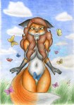 anthro convenient_censorship female hair hair_covering_breasts imminent_sneeze navel nude solo text sinaherib eliza_gardis arthropod butterfly canid canine fox insect lepidopteran mammal red_fox true_fox absurd_res english_text hi_res traditional_media_(artwork)