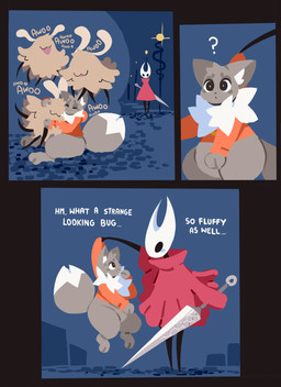 ambiguous_gender anthro awoo belly biped bodily_fluids bottomless cape carried carrying_another chest_tuft clothed clothing cuddling dialogue dipstick_tail dragging duo eye_contact eyes_closed female feral fluffy fluffy_tail fur group group_hug holding_melee_weapon holding_object holding_weapon hoodie hug hugging_another inner_ear_fluff looking_at_another looking_down looking_up male markings melee_weapon multicolored_body multicolored_fur multicolored_tail nail_(weapon) neck_tuft on_ground onomatopoeia open_mouth paws pear-shaped_figure playful playing quadruped question_mark semi-anthro sitting slightly_chubby smile sound_effects sweat sweatdrop sword tail tail_markings tail_tuft text thick_thighs topwear tuft weapon wide_hips sutihukka hollow_knight:_silksong hollow_knight_(franchise) team_cherry hornet_(hollow_knight) suti_(sutihukka) arthropod canid canine flea flea_(hollow_knight:_silksong) fox insect mammal 2025 absurd_res comic english_text hi_res