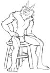 anthro asian_clothing barefoot bulge clothed clothing east_asian_clothing feet fundoshi furniture hand_on_leg hand_on_thigh japanese_clothing male simple_background sitting solo stool topless underwear white_background thegreatmatsutzu wild_knights_gulkeeva greyfus canid canine canis mammal wolf black_and_white monochrome sketch