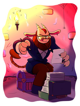 anthro bottomwear brick brick_wall claws clothed clothing ear_piercing eyewear facial_hair fangs female fur glasses goatee holding_object holding_paper holding_pen hooves horn mane name_tag paper paper_pile pen pencil_(object) piercing sitting sitting_on_chest sitting_on_treasure_chest skirt solo spider_web stinger stinger_tail suit suit_jacket suitcase tail teeth tongue tongue_out torch treasure_chest wall_(structure) travis_fowler dungeon_flippers iranian_mythology middle_eastern_mythology mythology maulie_(dungeon_flippers) arachnid arthropod felid insect lepidopteran mammal manticore moth spider 2024