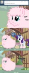 blue_eyes duo female feral glowing hair haircut horn magic outside pink_hair purple_hair quadruped tail text mixermike622 friendship_is_magic hasbro my_little_pony mythology fan_character fluffle_puff rarity_(mlp) earth_pony equid equine horse mammal mythological_creature mythological_equine pony unicorn comic hi_res url