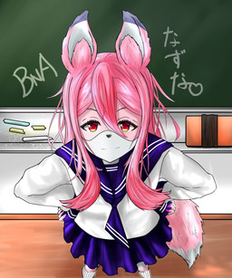 anthro black_nose chalk classroom clothed clothing female fluffy fur hair long_hair looking_at_viewer multicolored_body pink_body pink_fur pink_hair school school_uniform solo uniform white_body white_fur jj_pantsu_pp brand_new_animal studio_trigger nazuna_hiwatashi canid canine fox mammal 2020 5:6 hi_res