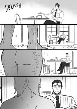 ambiguous_gender butt clothed clothing detailed_background duo food fruit fully_clothed furniture grape hair male not_furry plant scales table text walking wet wet_body starfleetrambo siren_and_scientist anders_(starfleetrambo) oskar_(starfleetrambo) animal_humanoid human humanoid mammal marine marine_humanoid oarfish_humanoid siren comic digital_media_(artwork) english_text hi_res monochrome sketch trans_(lore) trans_man_(lore)