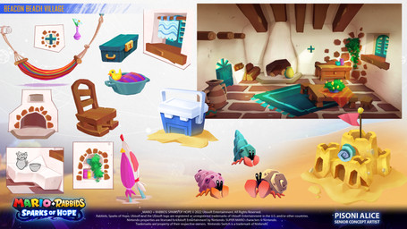 6_legs ambiguous_feral ambiguous_gender black_sclera blue_carpet blue_shell bowl container cooler copyright_symbol door feral fireplace flag flower_vase furniture group hammock light log pillow pincers plant plant_pot potted_plant pottery purple_shell red_body red_pillow rocking_chair rubber_duck sand sand_castle sculpture seashell shell stool symbol table tan_shell text title treasure_chest trio umbrella vase vines wall_(structure) white_eyes window window_shutter wood wood_furniture wood_table year alice_pisoni mario_plus_rabbids_sparks_of_hope nintendo ubisoft arthropod crustacean decapod hermit_crab malacostracan 16:9 2022 4k absurd_res adobe_photoshop_(artwork) artist_name colored concept_art digital_drawing_(artwork) digital_media_(artwork) english_description english_text hi_res lighting official_art shaded widescreen