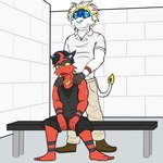 anthro anthrofied barefoot bodily_fluids bottomwear choes clothed clothing collared_shirt duo exhausted feet fully_clothed locker_bench locker_room male pants pokemorph polo_shirt shirt shorts shoulder_massage sitting standing sweat sweat_stain tank_top topwear fuze nintendo pokemon lucas_(fuze) generation_7_pokemon legendary_pokemon pokemon_(species) solgaleo torracat 1:1 2017 hi_res