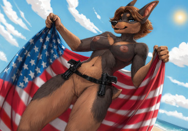 american_flag anthro areola biped breasts female fingers front_view fur genitals hair looking_at_viewer navel nipples nude nude_anthro nude_female smile solo standing tail teeth united_states_of_america vulva eleacat canid canine canis domestic_dog mammal 2026 digital_drawing_(artwork) digital_media_(artwork)