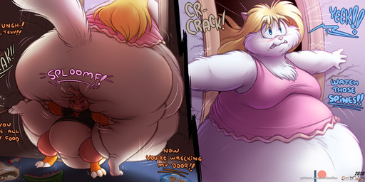 anthro belly big_belly big_butt blonde_hair breasts butt clothing duo female fur hair inside male morbidly_obese obese orange_body overweight pink_clothing pink_shirt pink_topwear shirt text topwear white_body white_fur scott_calico tevy_(scott_calico) domestic_cat felid feline felis lizard mammal reptile scalie 2020
