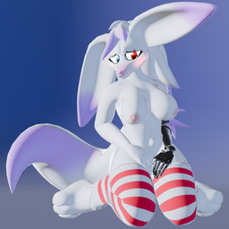 anthro big_ears big_tail blue_background blush breasts clothed clothing eye_markings female fur hair heterochromia kneeling legwear long_hair markings nipples pink_nose purple_body purple_fur robotic_arm shy simple_background solo tail thigh_highs topless topless_female white_body white_fur wilds_closet wild_(wilds_closet) arctic_fox canid canine fennec_fox fox hybrid mammal true_fox 1:1 3d_(artwork) blender_(artwork) blender_eevee_(artwork) digital_media_(artwork)