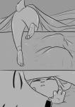 2018 absurd_res anthro barefoot bed bedding blanket bodily_fluids butt canid canine comic disney duo feet female flying_sweatdrops fox furniture greyscale hi_res inside ittybittykittytittys judy_hopps lagomorph leporid male mammal monochrome nick_wilde on_bed rabbit red_fox sleeping sweat sweatdrop true_fox under_covers zootopia