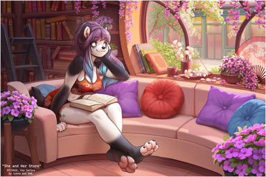 anthro biped book bottomwear breasts claws clothed clothed_anthro clothed_female clothing feet female fingers front_view fully_clothed fully_clothed_anthro fully_clothed_female fur hair inside navel sitting smile solo tailo toes topwear window iskra bear giant_panda mammal hi_res