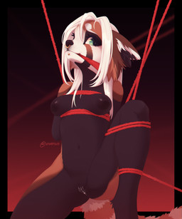 anthro areola arms_tied bangs bdsm biped black_areola black_background black_body black_fur black_nose blonde_hair blue_eyes bodily_fluids bondage bound breasts butt cheek_tuft cloth_gag ears_down eyebrows eyelashes facial_markings facial_piercing facial_tuft female fur gag gagged genital_fluids genitals glistening glistening_eyes gradient_background hair hands_behind_back head_markings inner_ear_fluff innie_vulva jewelry labret_piercing legs_up lip_piercing long_hair looking_at_viewer markings medium_breasts multicolored_body multicolored_fur navel nipples nose_piercing nose_ring nude orange_body orange_fur piercing pivoted_ears raised_eyebrows red_background restraints ring_piercing rope rope_bondage septum_piercing septum_ring simple_background solo spread_legs spreading striped_markings striped_tail stripes submissive submissive_anthro submissive_female suspension tail tail_markings text tuft vaginal_fluids vulva white_body white_fur vivenus ailurid mammal red_panda 2022 artist_name character_request digital_media_(artwork) hi_res portrait signature three-quarter_portrait