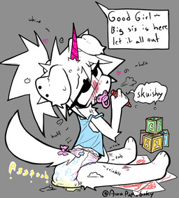 3_toes 4_fingers accessory anthro bare_shoulders black_nose blue_clothing blue_shirt blue_tank_top blue_topwear blush blush_lines bodily_fluids bow_ribbon clothed clothing crayon diaper diaper_masturbation ear_piercing eye_roll feet female fingers fur furgonomics genital_fluids grey_background hair heart_symbol holding_crayon holding_object horn leaking_diaper masturbation narrowed_eyes object_in_mouth off_shoulder offscreen_character onomatopoeia open_mouth pacifier pacifier_in_mouth piercing pink_bow pink_horn ponytail ribbons shirt simple_background sitting solo sound_effects speech_bubble tail tail_accessory tail_bow tail_ribbon tank_top teeth text toes topwear toy_block unclean_diaper unicorn_horn urine urine_pool used_diaper watersports wearing_diaper wet_diaper wetting white_body white_ears white_fur white_hair white_tail young young_anthro anxipup unicorn_puppie_(anxipup) canid canine mammal 2025 english_text signature