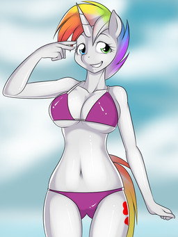 anthro anthrofied big_breasts blue_eyes breasts clothing cloud cutie_mark female green_eyes hair heterochromia horn multicolored_hair navel outside rainbow_hair sky skyscape smile solo swimwear tail kloudmutt hasbro my_little_pony mythology equid equine mammal mythological_creature mythological_equine unicorn 2012 3:4 digital_media_(artwork) hi_res source_request