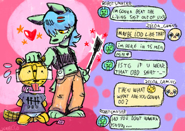 abstract_background anthro arms_tied bdsm black_hair blue_hair bound clothing collar crop_top duo egg_vibrator female female/female fur green_body green_fur hair hands_behind_back heart_symbol nerd profanity pulling_hair red_teeth sex_toy shirt short_hair smile teeth text text_on_clothing text_on_shirt text_on_topwear texting threatening_violence topwear touching_hair vibrator whip yellow_body yellow_eyes yellow_fur wahlgo dead_by_daylight the_binding_of_isaac_(series) robot_(wahlgo) zelda_(wahlgo) beaver canid canine canis domestic_dog mammal rodent english_text
