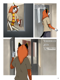 5_fingers anthro black_body black_fur black_nose black_tail book border classroom clothing dialogue directional_arrow door duo female fingers fur green_clothing green_shirt green_t-shirt green_topwear grey_body grey_fur hair holding_book holding_object inside multicolored_body multicolored_fur multicolored_scarf open_mouth orange_body orange_fur orange_hair orange_scarf pattern_clothing pattern_scarf scarf school shirt speech_bubble striped_clothing striped_scarf stripes t-shirt tail text topwear two_tone_scarf white_body white_border white_fur yawn yellow_scarf conditional_dnp royz domestic_cat felid feline felis lynx mammal 3:4 comic digital_media_(artwork) english_text